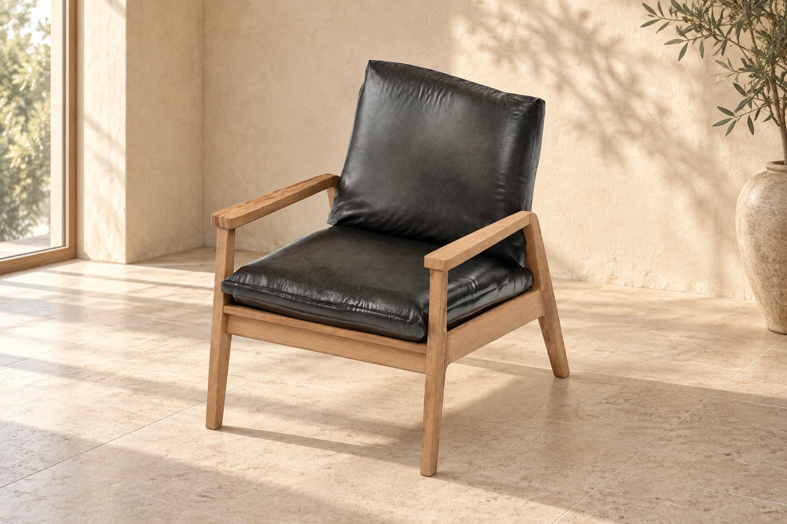 Generated concept of the matching oak armchair with black leather cushions in a warm architectural interior