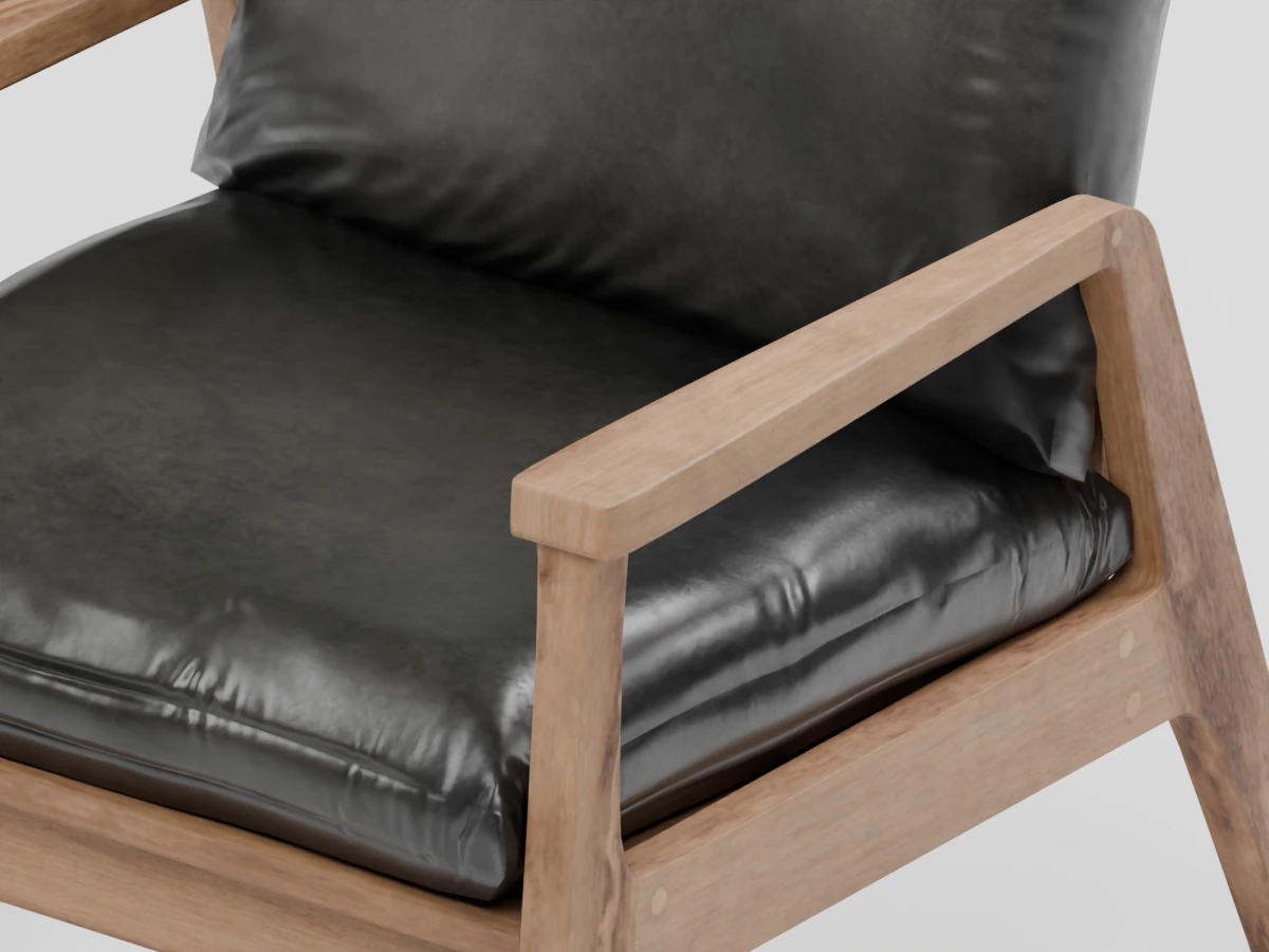 Close render of the same model showing leather creases, cushion seams and oak grain