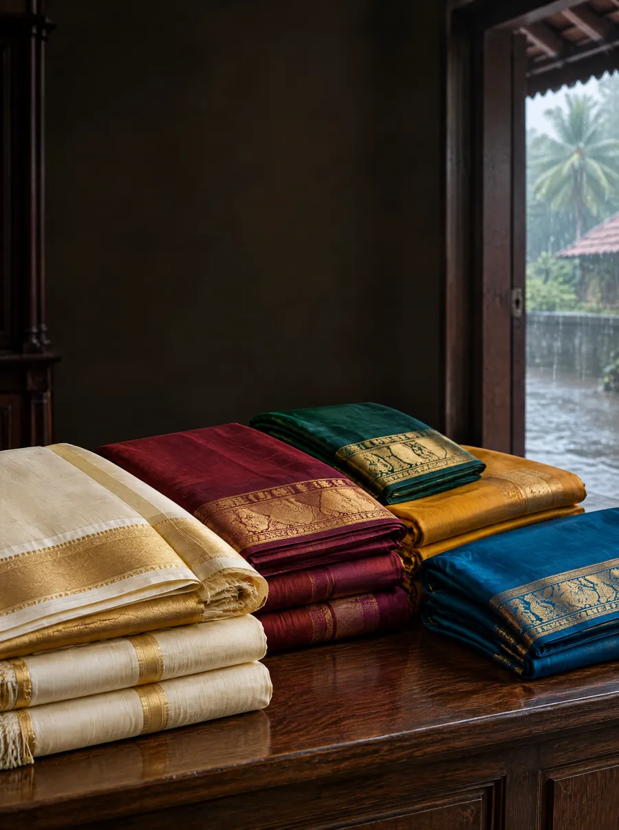 Nila Silks-⁠ന്റെ മഴക്കാല sale poster, silk സാരികൾ