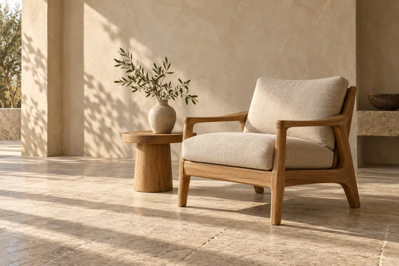 Generated furniture catalogue concept with an oak lounge chair