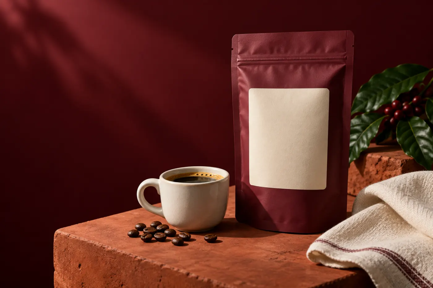 Generated specialty coffee campaign concept with burgundy packaging