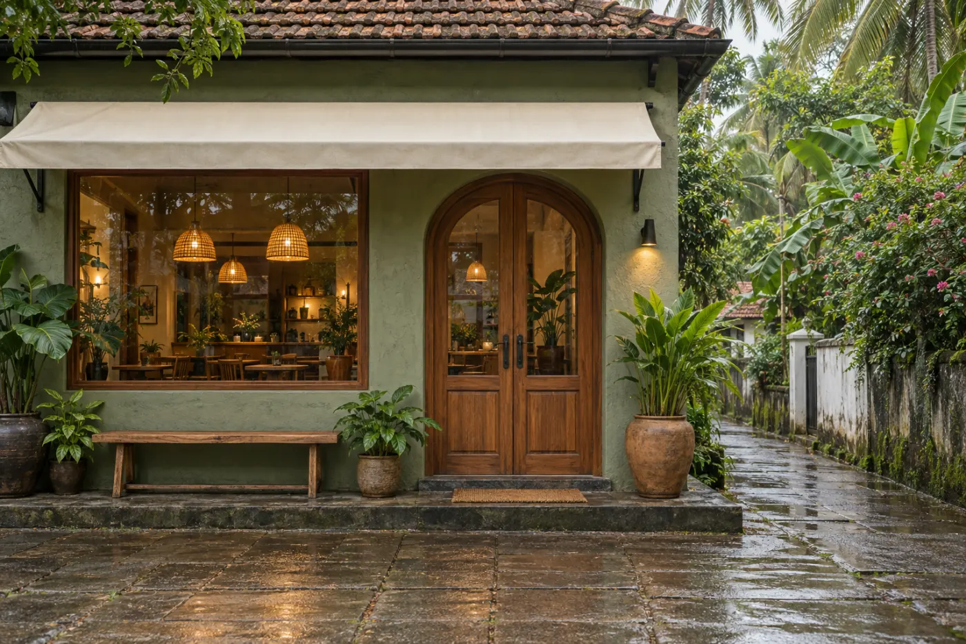 Generated concept of a small tropical cafe frontage in Kerala