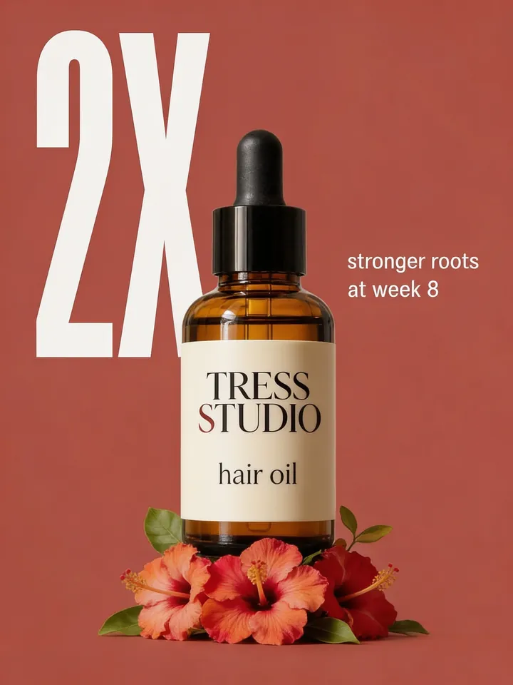 Tress Studio hair oil ad with a giant 2X