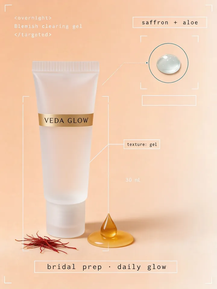 Veda Glow saffron face gel ad with callouts
