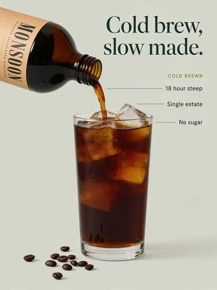 Cold brew ad for Monsoon Roasters, coffee poured over ice
