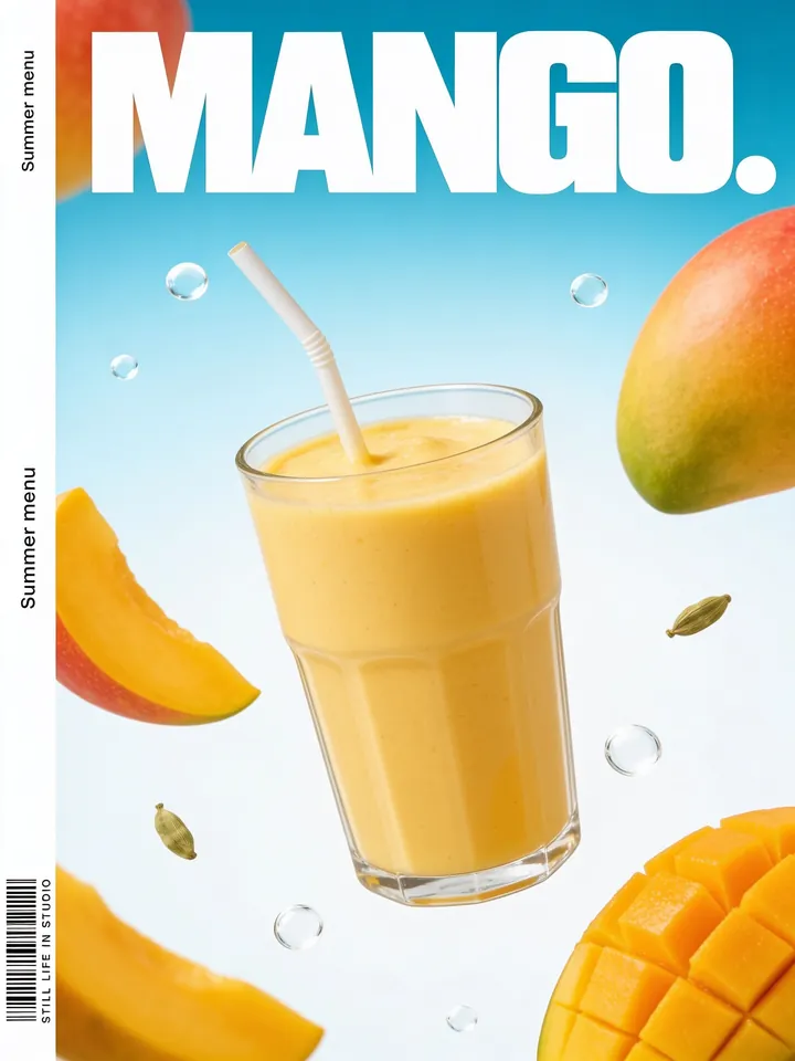 Mango lassi summer menu ad with flying mango slices