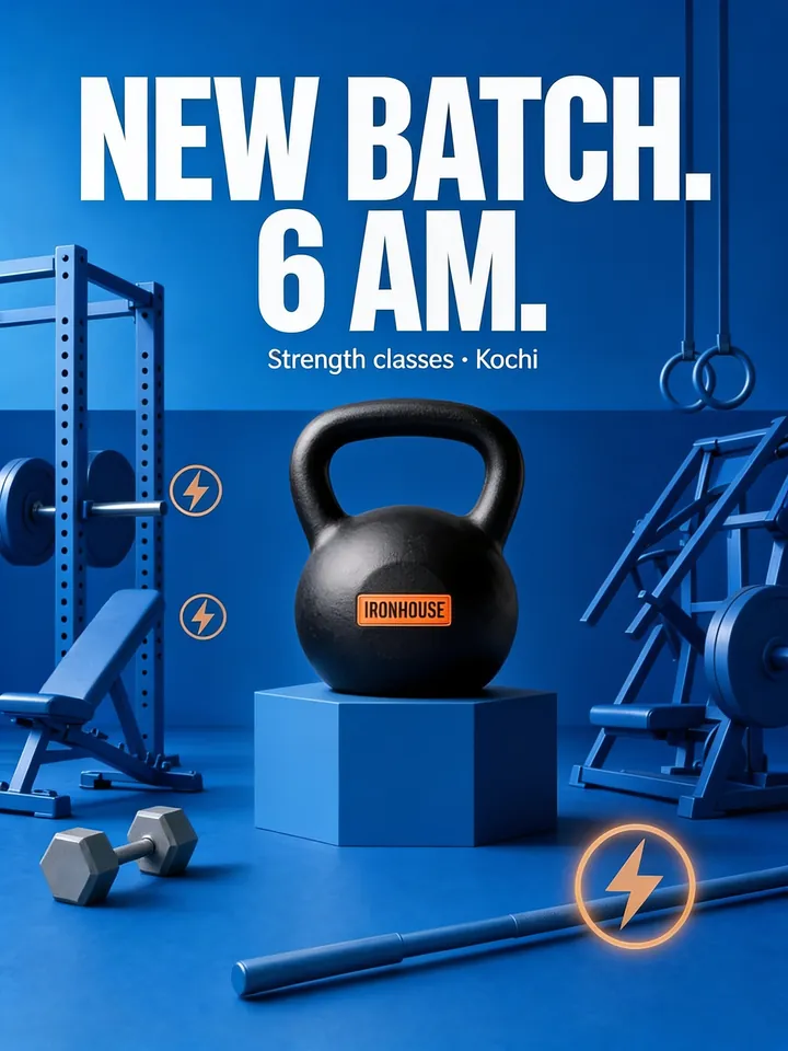 New batch 6 AM ad for Ironhouse gym, a kettlebell on a blue plinth
