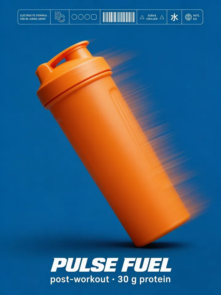Pulse Fuel protein shaker poster with a speed blur