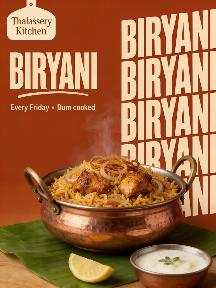 Friday biryani poster for Thalassery Kitchen