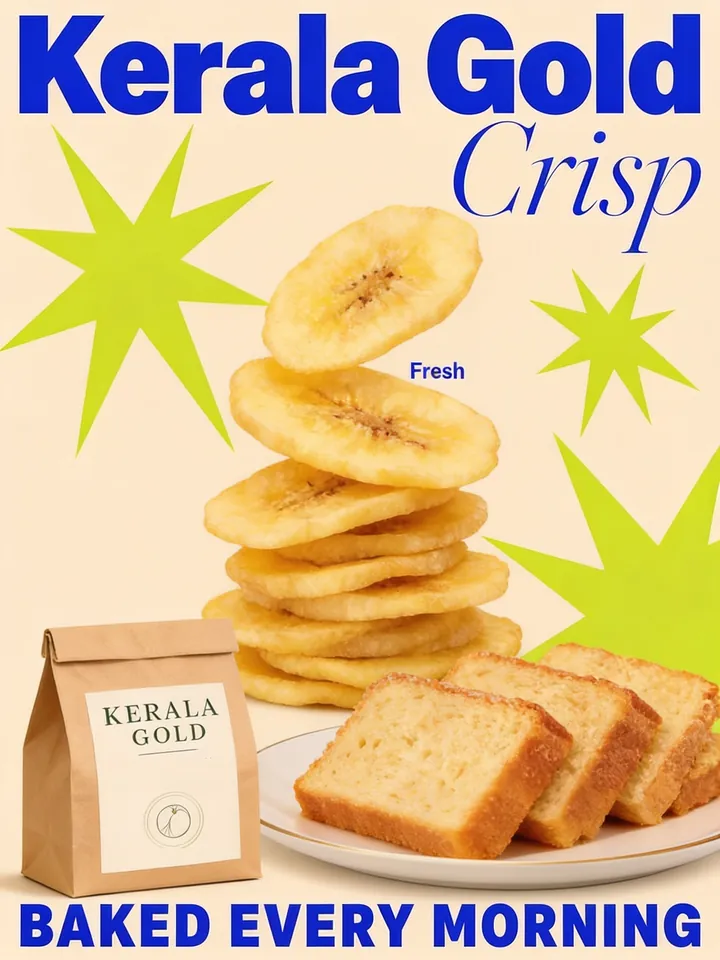 Kerala Gold bakery poster with banana chips and plum cake