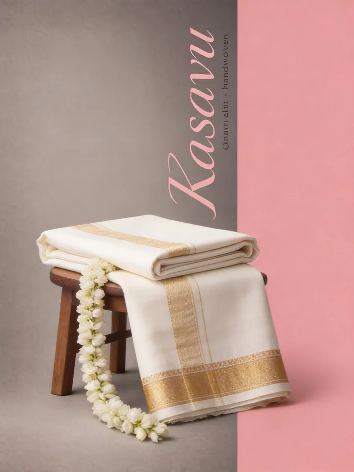 Onam edit poster for Kasavu House, a folded kasavu saree